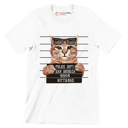 Police dept. san diego.ca 92104 kitty bad - Cat Themed T-Shirt-White-S-Custom One Express