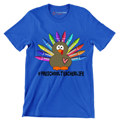 Pre School Teacher Life - Thanksgiving Themed T-Shirt-Blue-S-Custom One Express