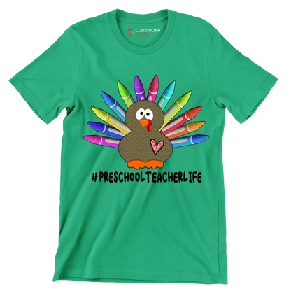 Pre School Teacher Life - Thanksgiving Themed T-Shirt-Green-S-Custom One Express