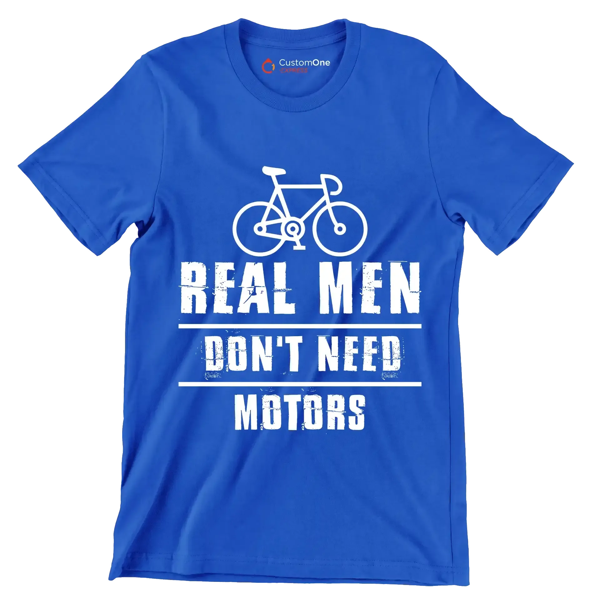 REAL MEN DON'T NEED MOTORS - Bicycle Themed T-Shirt-Blue-S-Custom One Express