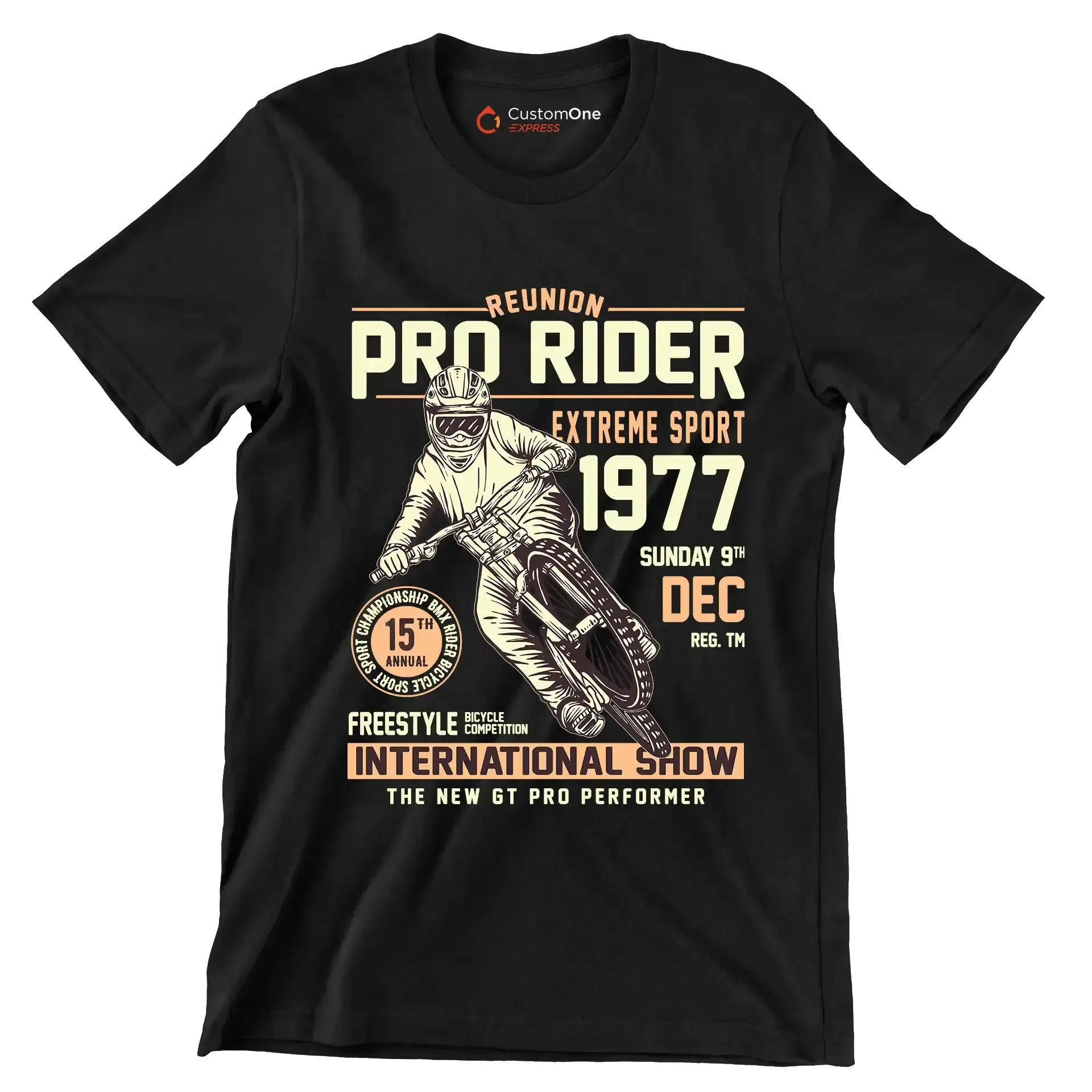 REUNION PRO RIDER EXTREME SPORT 1977 SUNDAY 9TH DEC REG. TM 15TH ANNUAL BICYCLE COMPETITION FREESTYLE INTERNATIONAL SHOW THE NEW GT PRO PERFORMER - Bicycle Themed T-Shirt-Black-S-Custom One Express