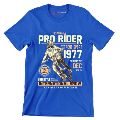 REUNION PRO RIDER EXTREME SPORT 1977 SUNDAY 9TH DEC REG. TM 15TH ANNUAL BICYCLE COMPETITION FREESTYLE INTERNATIONAL SHOW THE NEW GT PRO PERFORMER - Bicycle Themed T-Shirt-Blue-S-Custom One Express