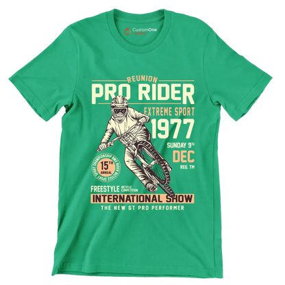 REUNION PRO RIDER EXTREME SPORT 1977 SUNDAY 9TH DEC REG. TM 15TH ANNUAL BICYCLE COMPETITION FREESTYLE INTERNATIONAL SHOW THE NEW GT PRO PERFORMER - Bicycle Themed T-Shirt-Green-S-Custom One Express