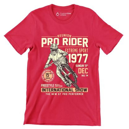 REUNION PRO RIDER EXTREME SPORT 1977 SUNDAY 9TH DEC REG. TM 15TH ANNUAL BICYCLE COMPETITION FREESTYLE INTERNATIONAL SHOW THE NEW GT PRO PERFORMER - Bicycle Themed T-Shirt-Red-S-Custom One Express