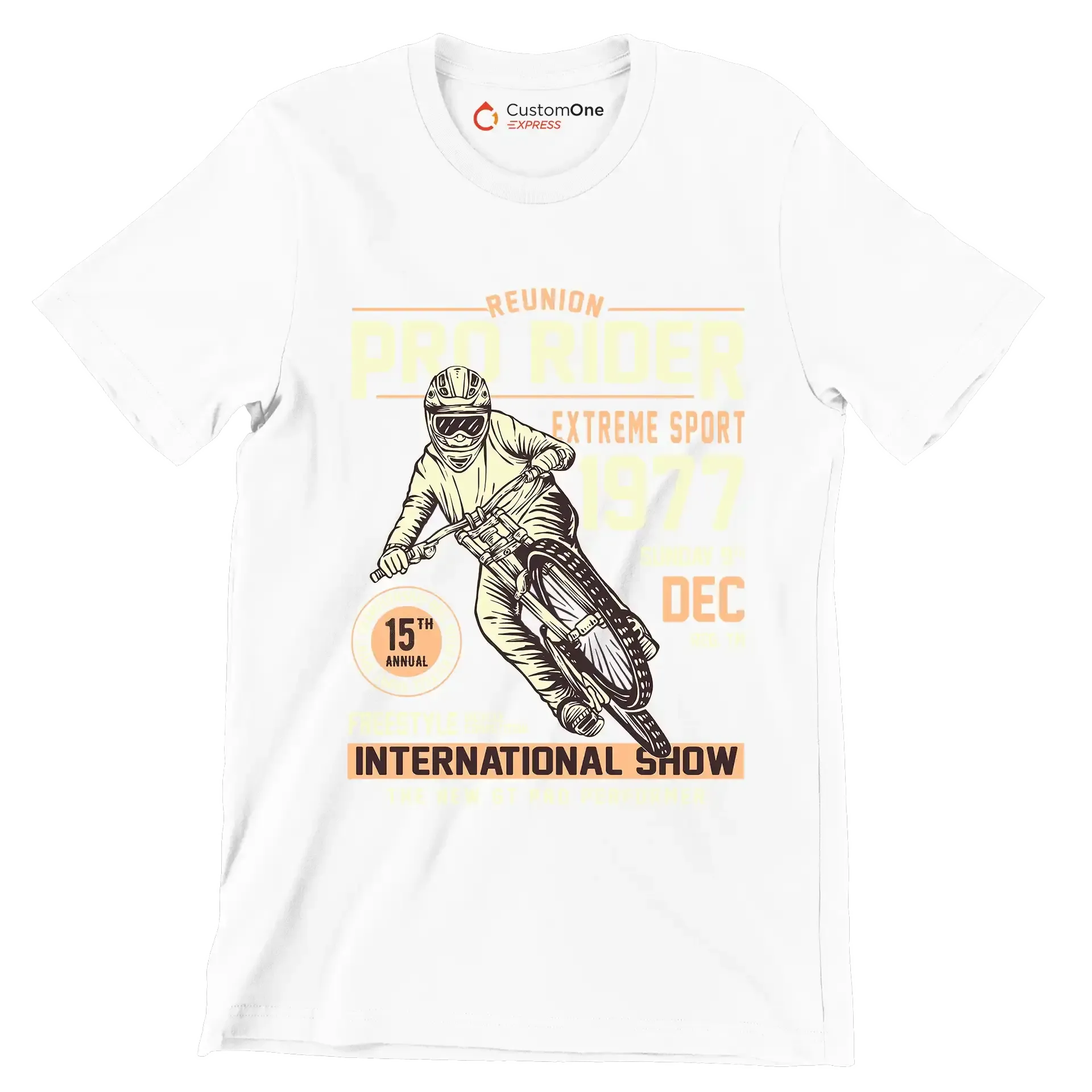 REUNION PRO RIDER EXTREME SPORT 1977 SUNDAY 9TH DEC REG. TM 15TH ANNUAL BICYCLE COMPETITION FREESTYLE INTERNATIONAL SHOW THE NEW GT PRO PERFORMER - Bicycle Themed T-Shirt-White-S-Custom One Express