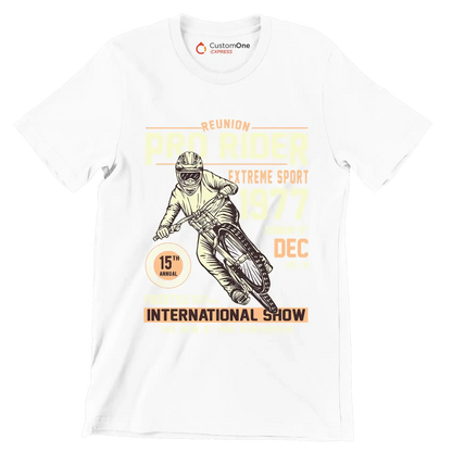REUNION PRO RIDER EXTREME SPORT 1977 SUNDAY 9TH DEC REG. TM 15TH ANNUAL BICYCLE COMPETITION FREESTYLE INTERNATIONAL SHOW THE NEW GT PRO PERFORMER - Bicycle Themed T-Shirt-White-S-Custom One Express