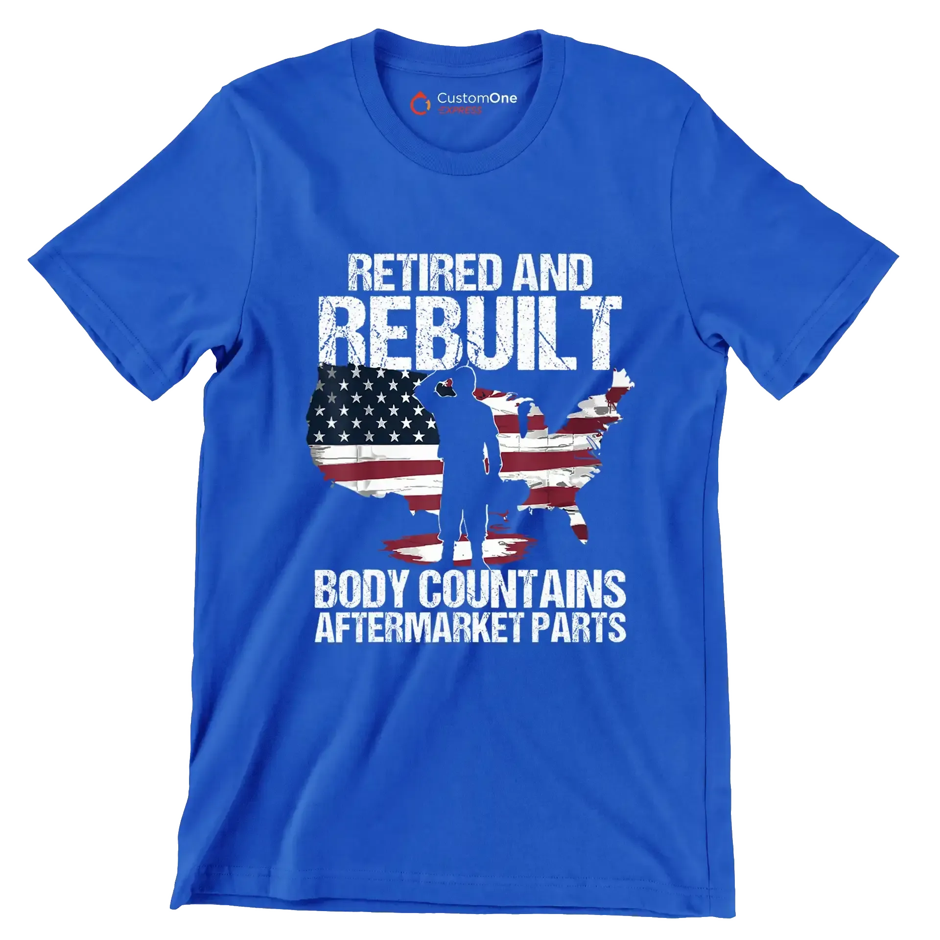 Retired and rebuilt body contains aftermarket parts - Retirement Themed T-Shirt-Blue-S-Custom One Express