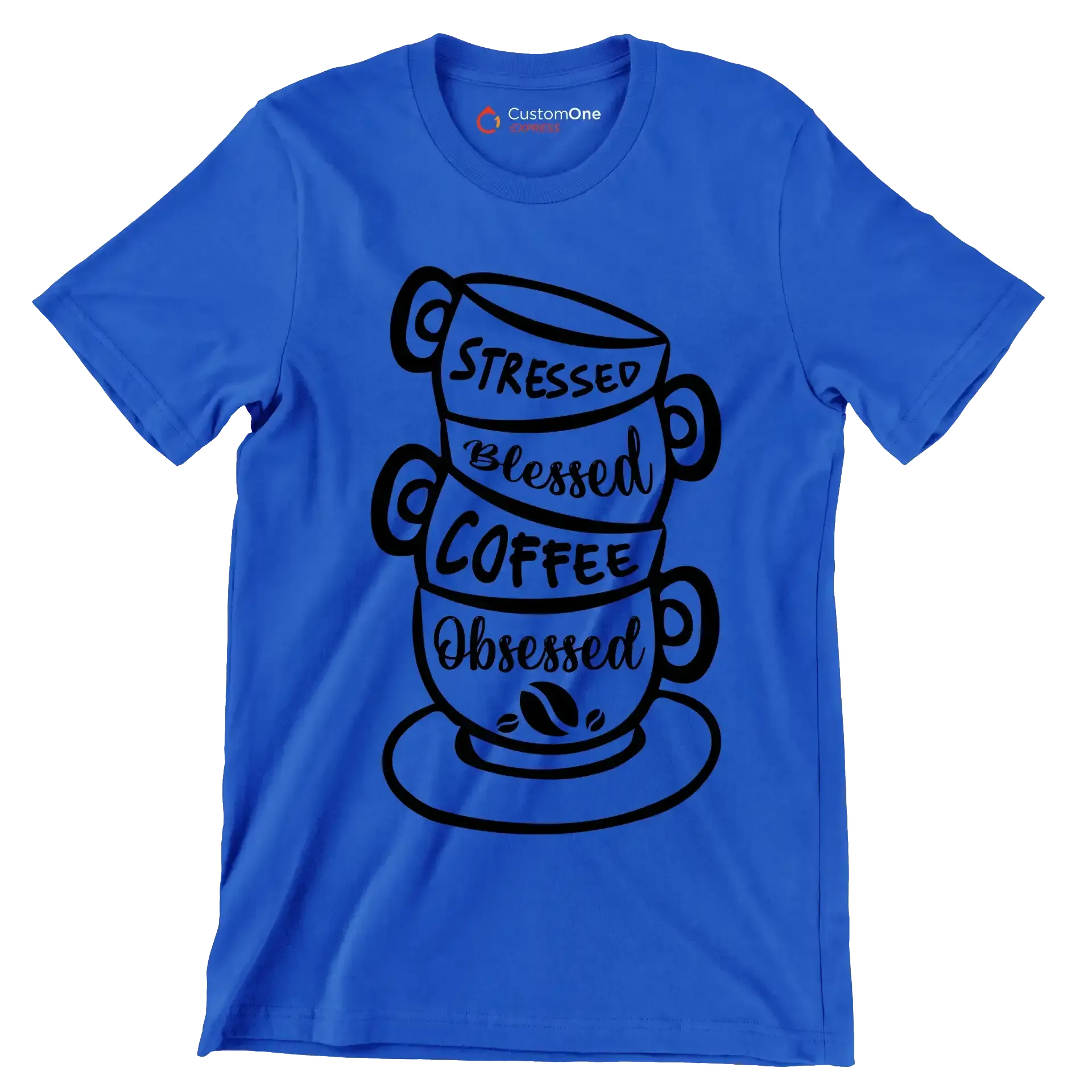 STRESSED BLESSED COFFEE OBSESSED - Coffee Themed T-Shirt-Blue-S-Custom One Express