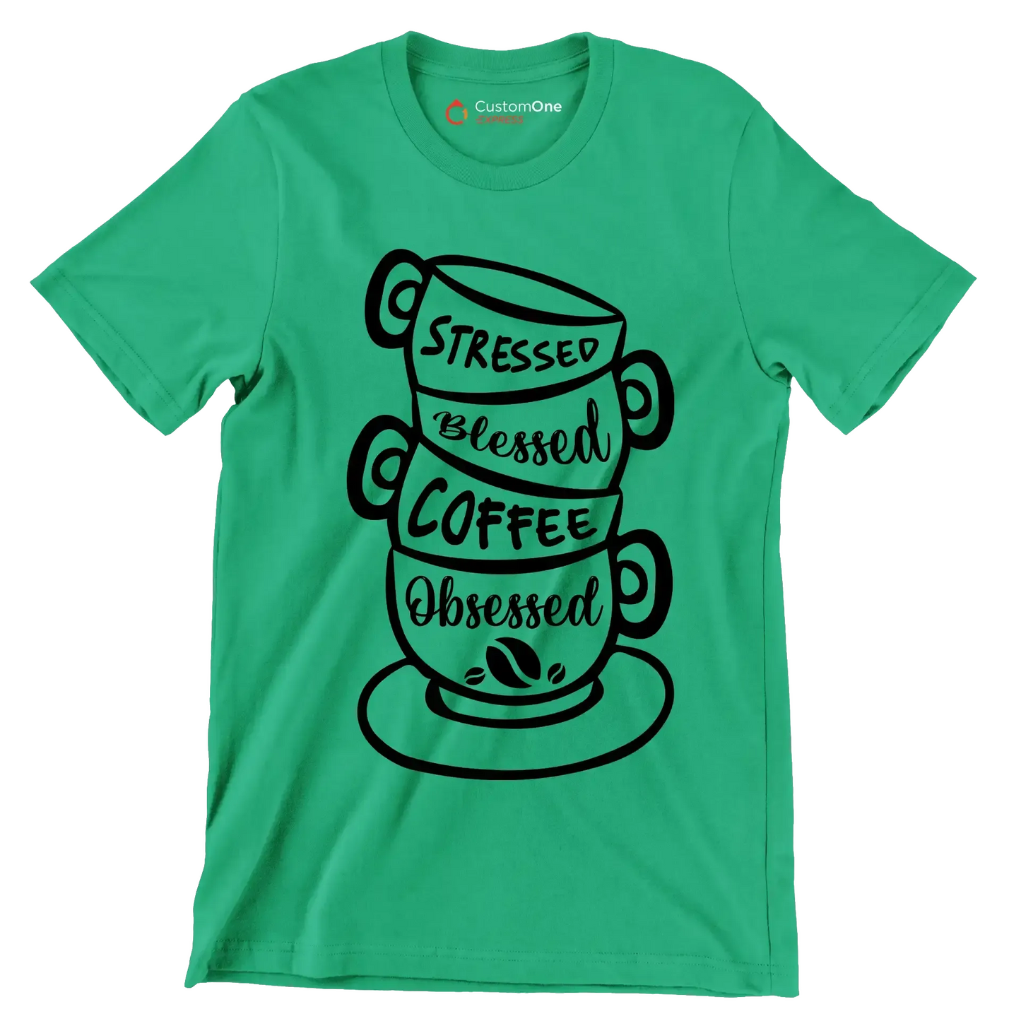 STRESSED BLESSED COFFEE OBSESSED - Coffee Themed T-Shirt-Green-S-Custom One Express