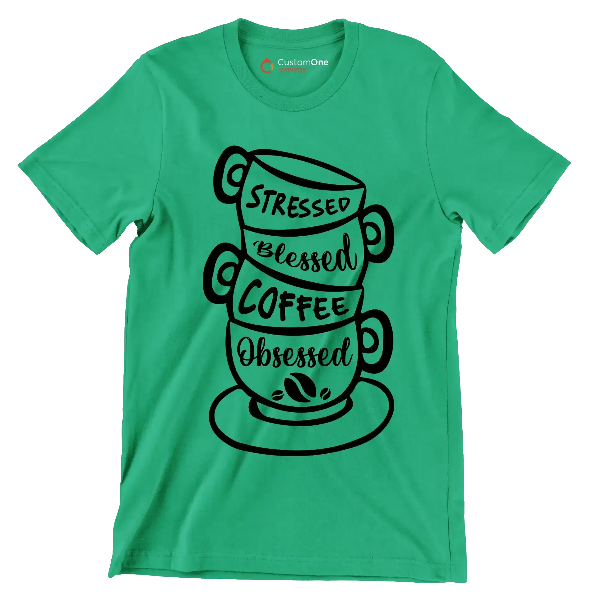 STRESSED BLESSED COFFEE OBSESSED - Coffee Themed T-Shirt-Green-S-Custom One Express