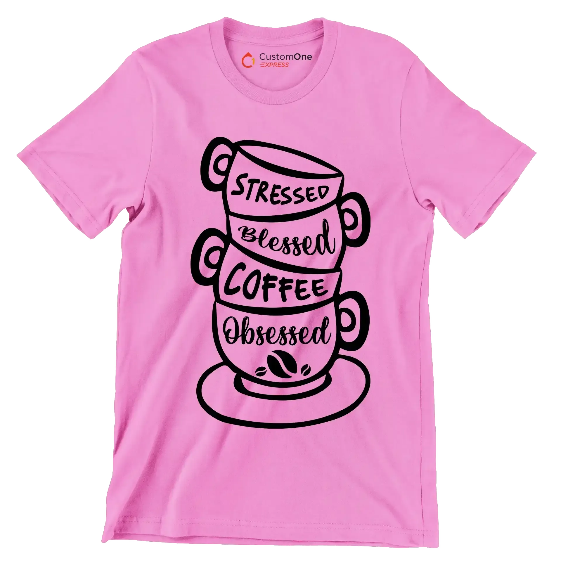 STRESSED BLESSED COFFEE OBSESSED - Coffee Themed T-Shirt-Pink-S-Custom One Express