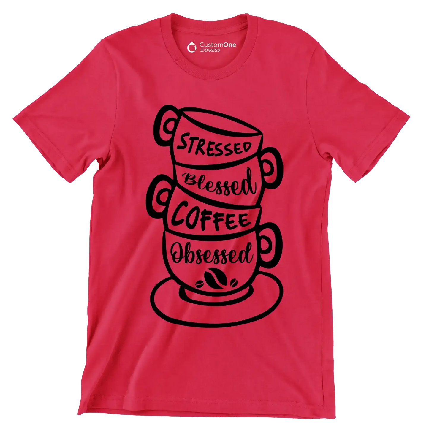 STRESSED BLESSED COFFEE OBSESSED - Coffee Themed T-Shirt-Red-S-Custom One Express