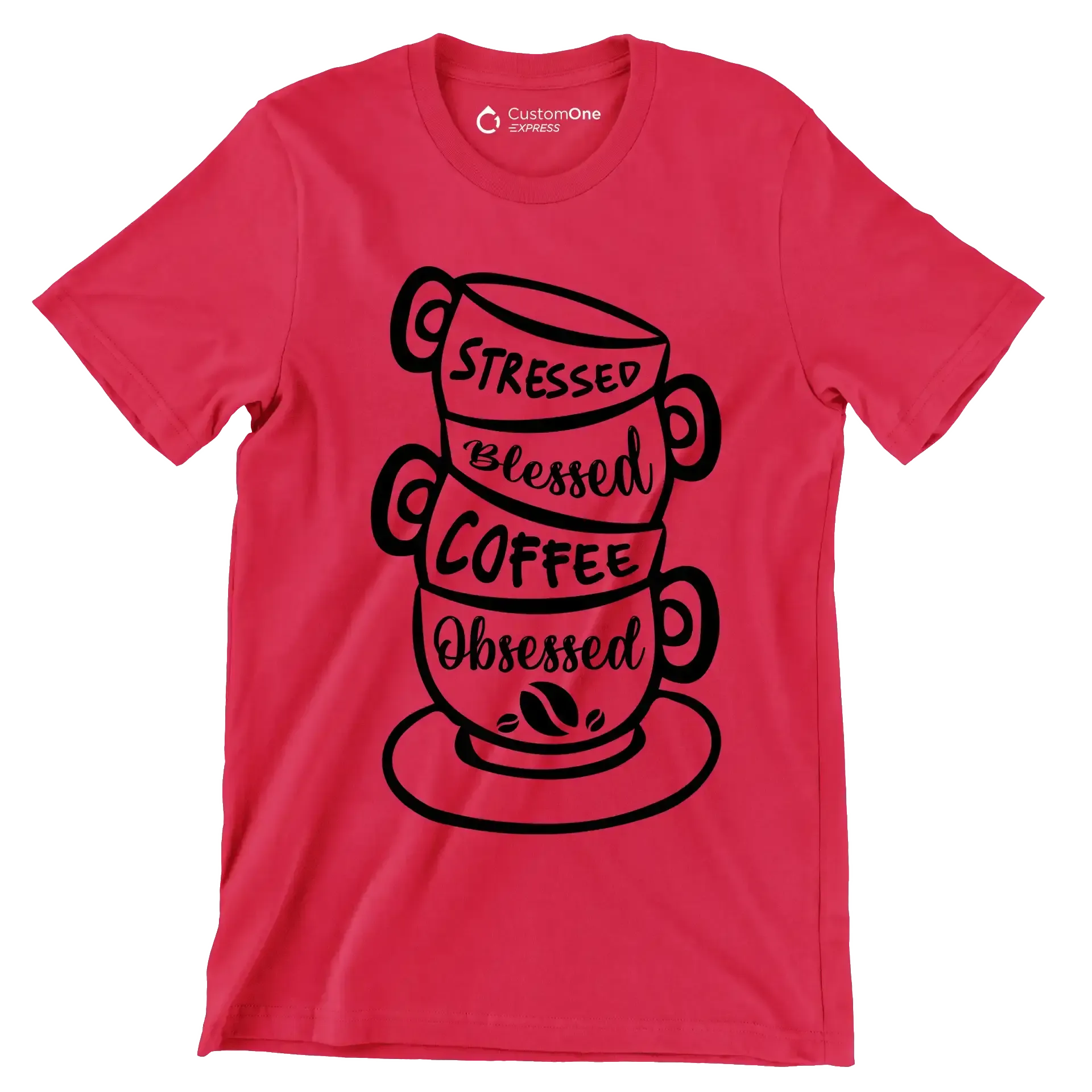 STRESSED BLESSED COFFEE OBSESSED - Coffee Themed T-Shirt-Red-S-Custom One Express