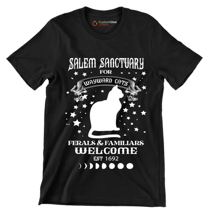 Salem sanctuary for wayward cats ferals & familiars welcome est 1692 - Cat Themed T-Shirt-Black-S-Custom One Express