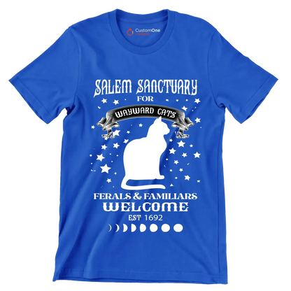Salem sanctuary for wayward cats ferals & familiars welcome est 1692 - Cat Themed T-Shirt-Blue-S-Custom One Express