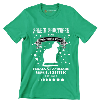 Salem sanctuary for wayward cats ferals & familiars welcome est 1692 - Cat Themed T-Shirt-Green-S-Custom One Express
