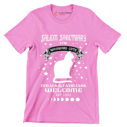 Salem sanctuary for wayward cats ferals & familiars welcome est 1692 - Cat Themed T-Shirt-Pink-S-Custom One Express