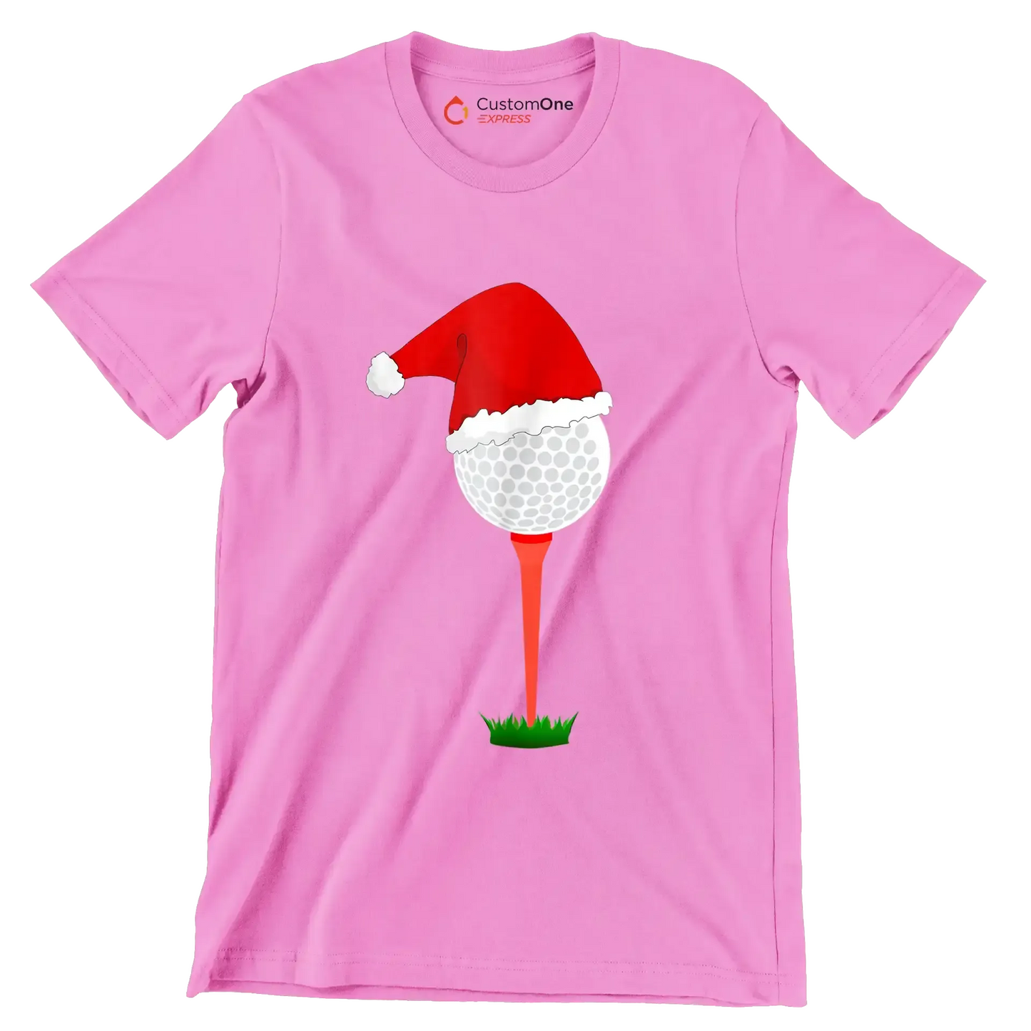 Santa Golf Ball on Tee - Golf Themed T-Shirt-Pink-S-Custom One Express