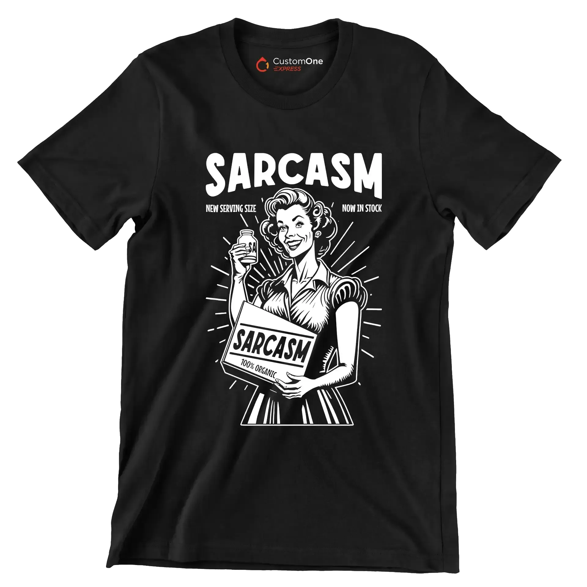 Sarcasm new serving size now in stock 100% organic - Retro Themed T-Shirt-Black-S-Custom One Express
