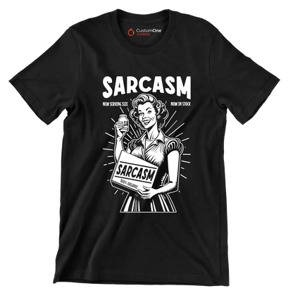Sarcasm new serving size now in stock 100% organic - Retro Themed T-Shirt-Black-S-Custom One Express