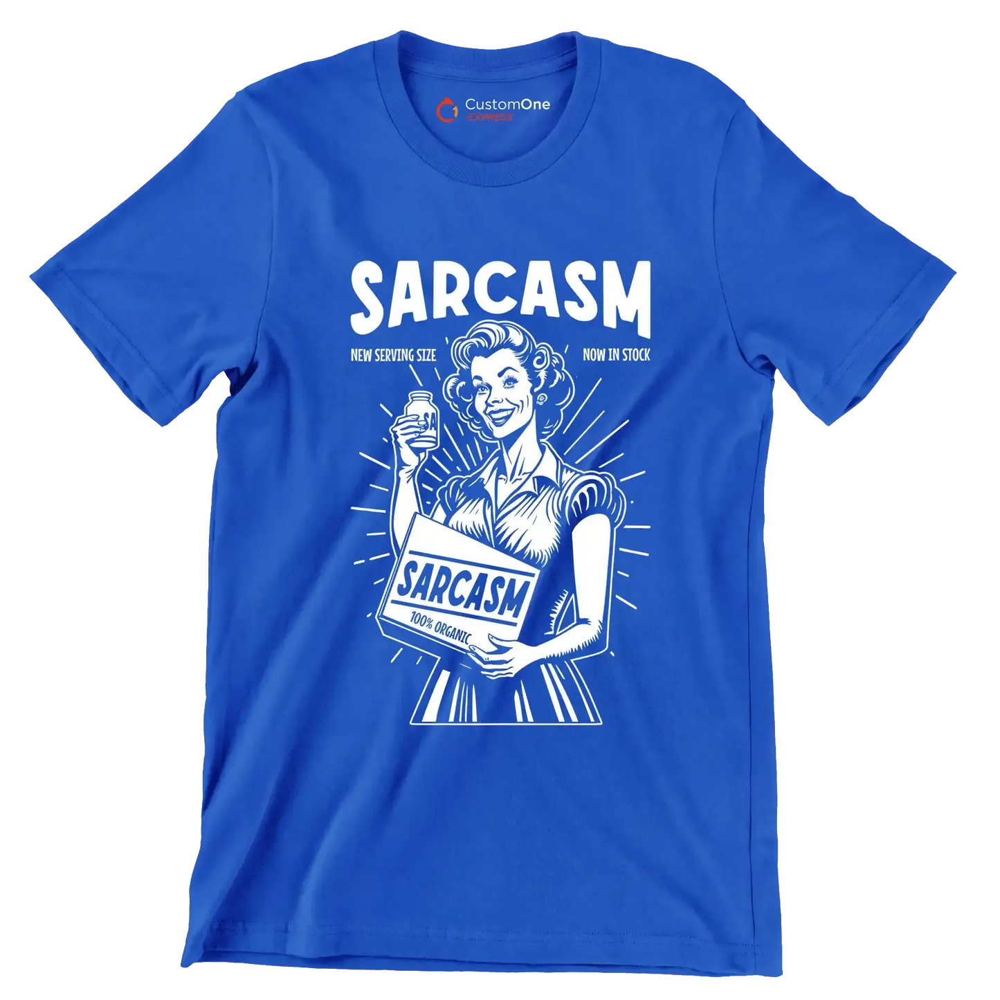 Sarcasm new serving size now in stock 100% organic - Retro Themed T-Shirt-Blue-S-Custom One Express