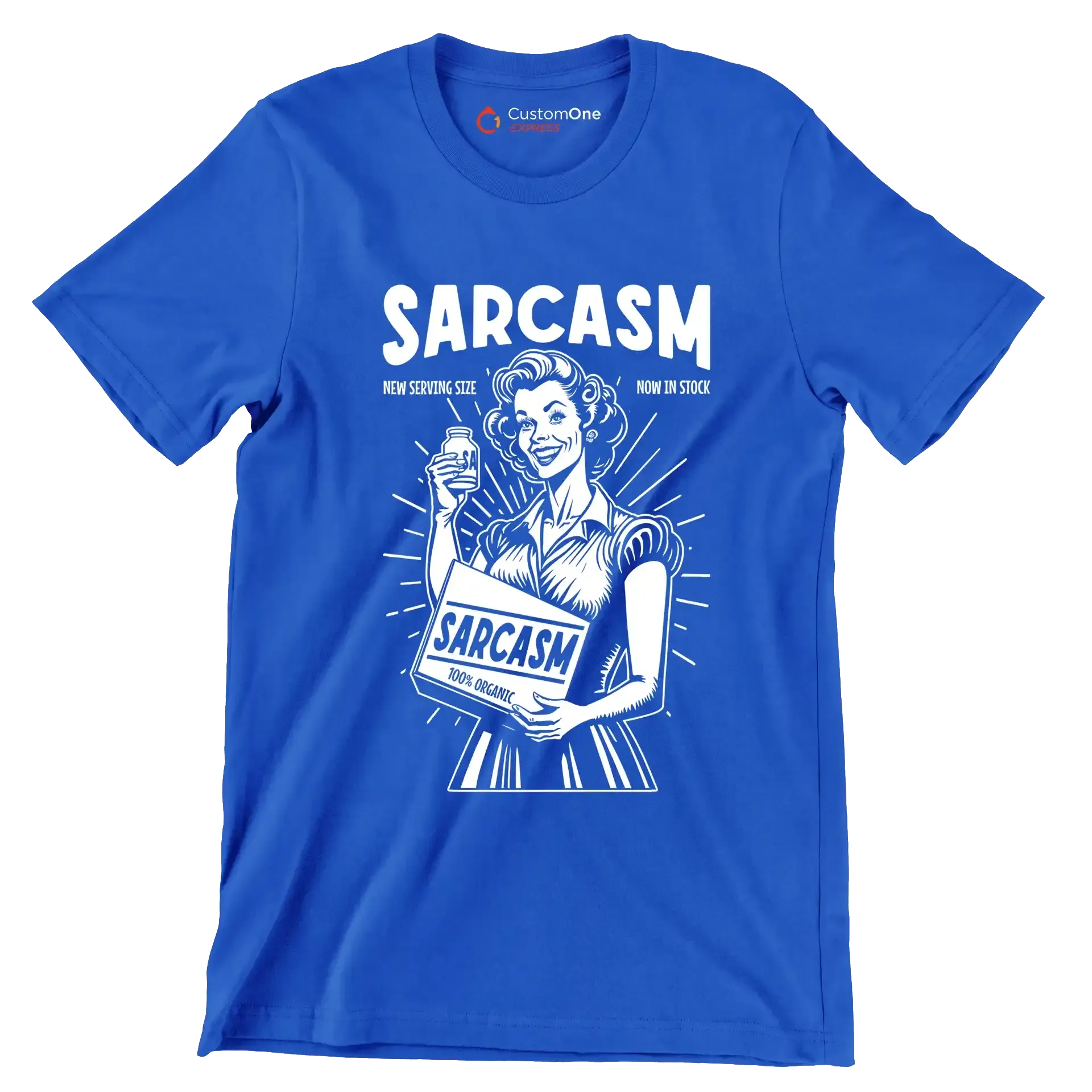 Sarcasm new serving size now in stock 100% organic - Retro Themed T-Shirt-Blue-S-Custom One Express