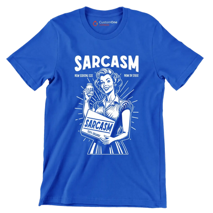Sarcasm new serving size now in stock 100% organic - Retro Themed T-Shirt-Blue-S-Custom One Express