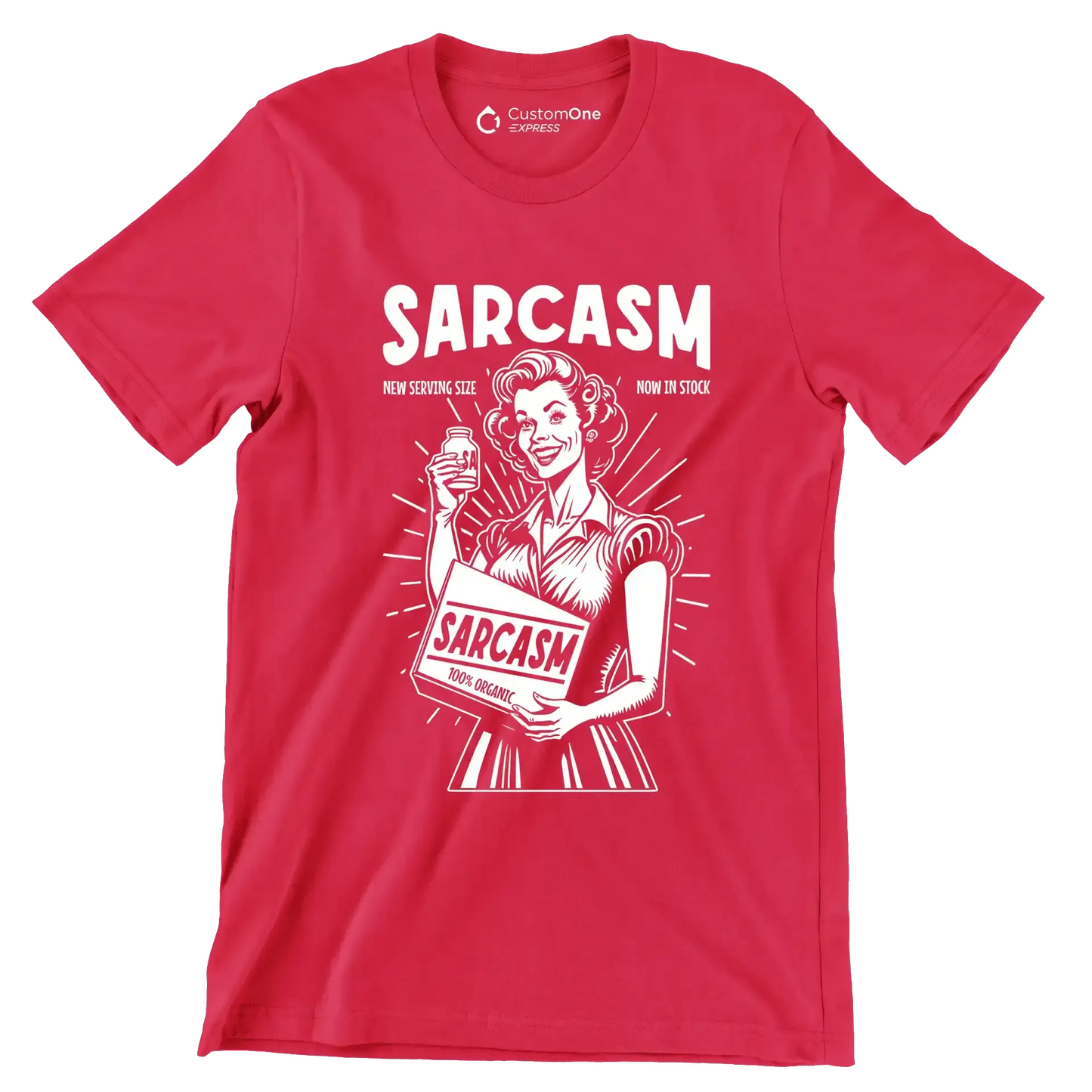 Sarcasm new serving size now in stock 100% organic - Retro Themed T-Shirt-Red-S-Custom One Express