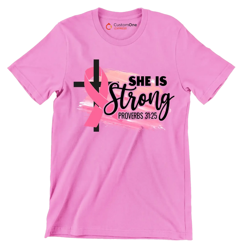 She Is Strong Proverbs 31 25 - Breast Cancer Awareness T-Shirt-Green-S-Custom One Express