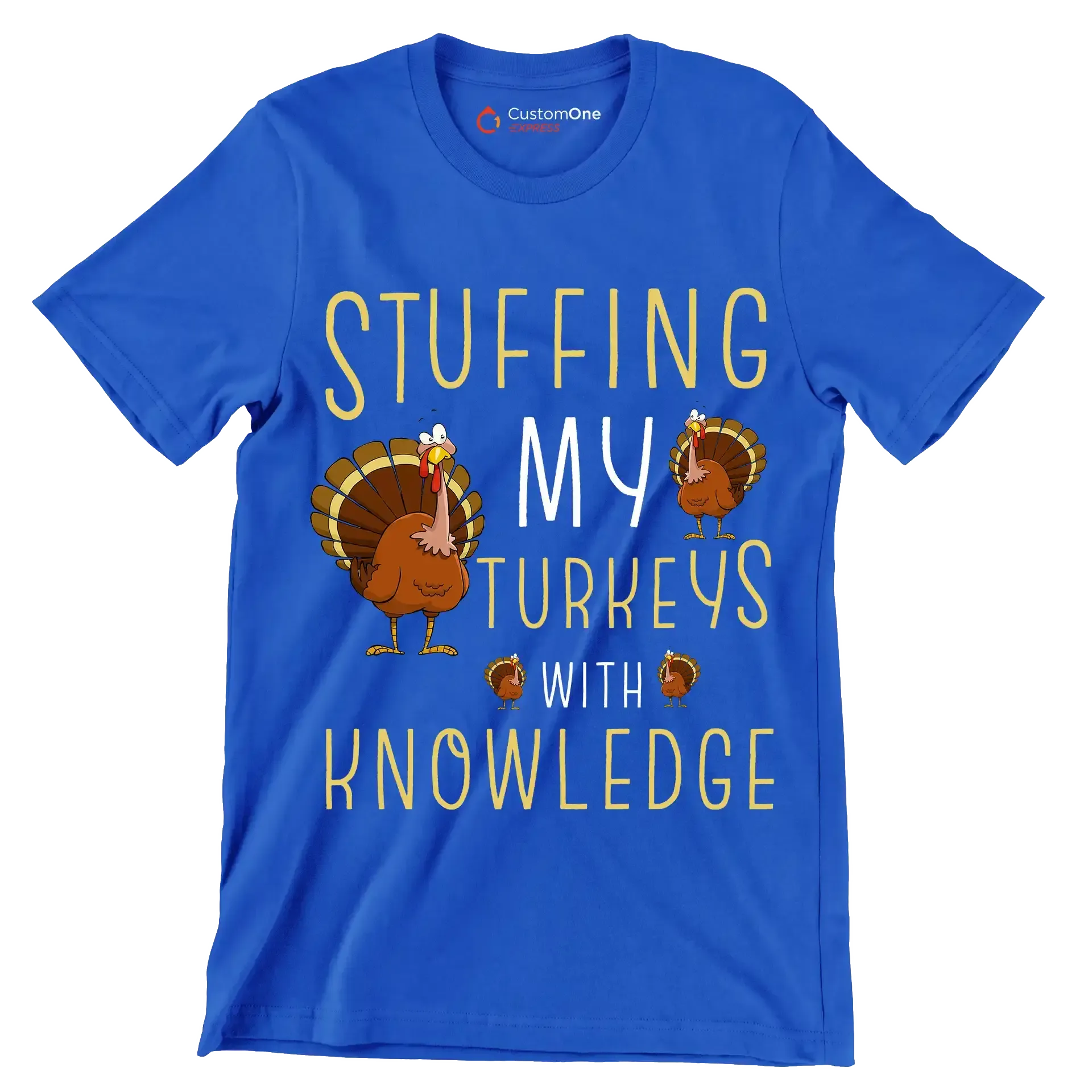 Stuffing My Turkeys With Knowledge - Thanksgiving Themed T-Shirt-Blue-S-Custom One Express