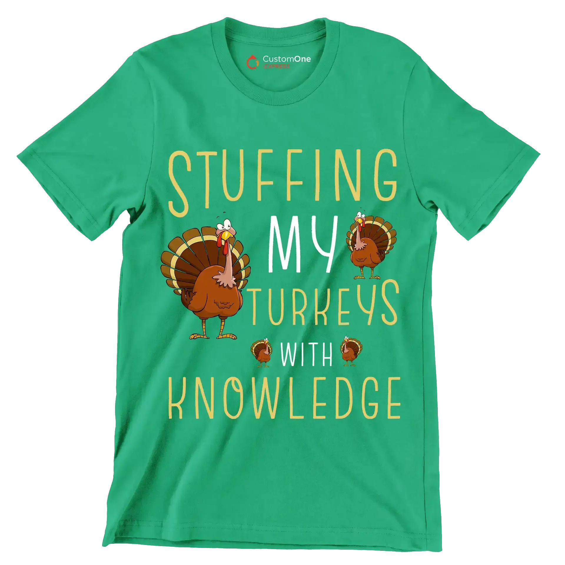 Stuffing My Turkeys With Knowledge - Thanksgiving Themed T-Shirt-Green-S-Custom One Express