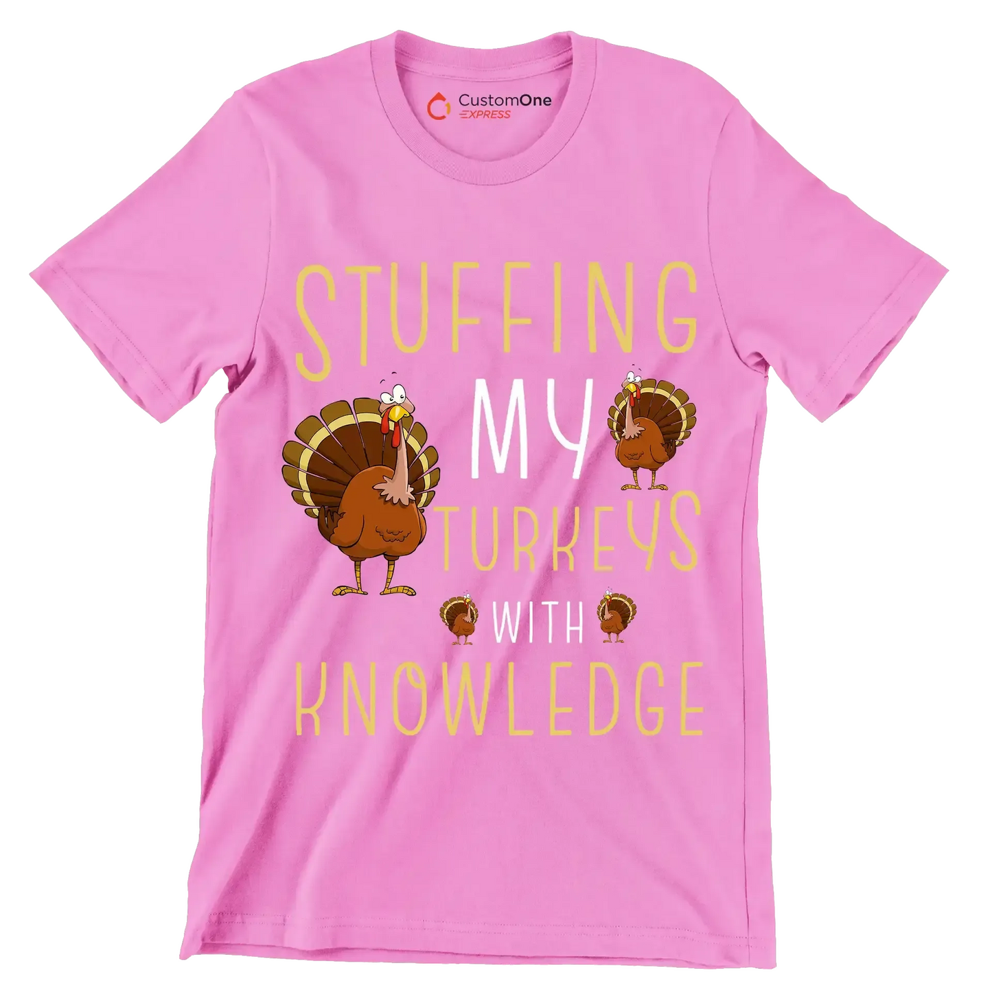 Stuffing My Turkeys With Knowledge - Thanksgiving Themed T-Shirt-Pink-S-Custom One Express