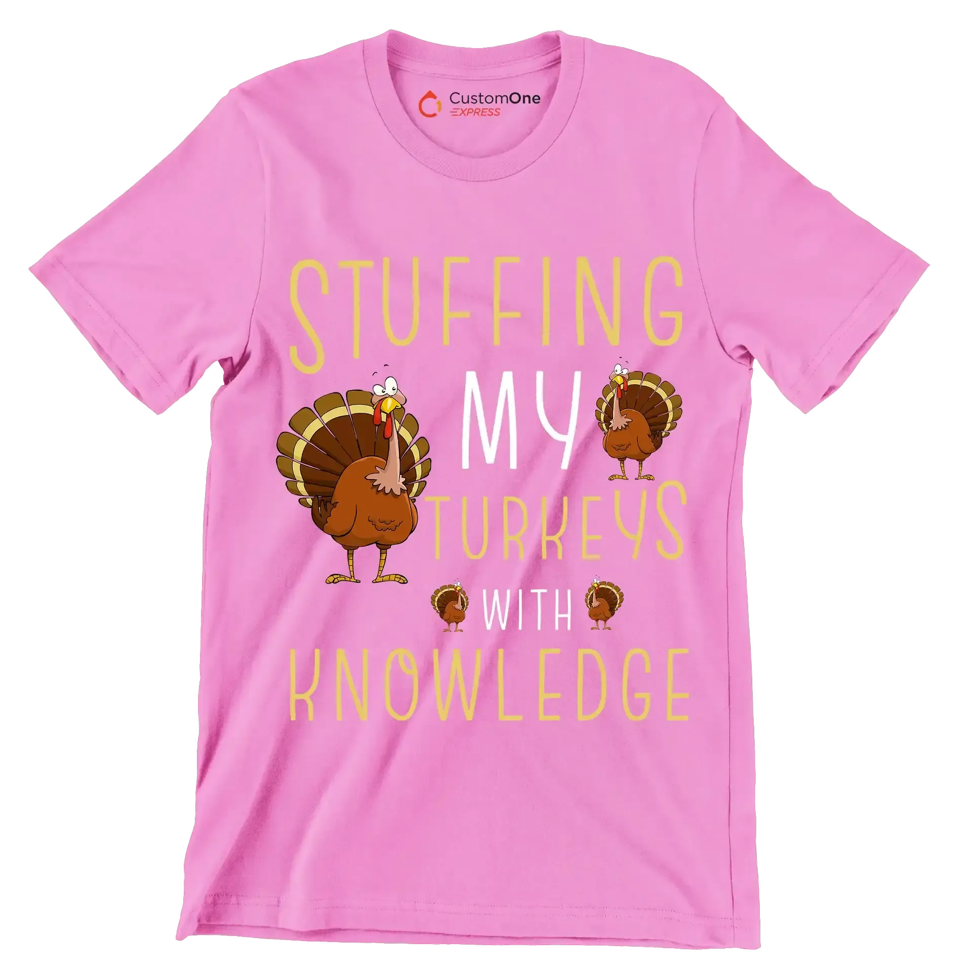 Stuffing My Turkeys With Knowledge - Thanksgiving Themed T-Shirt-Pink-S-Custom One Express