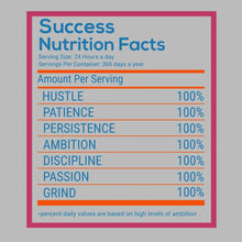 Success Nutrition Facts Serving Size 24 Hours A Day Servings Per Container 365 Days A Year Amount Per Serving Hustle 100% Patience 100% Pers - Motivational Themed T-Shirt-Black-S-Custom One Express