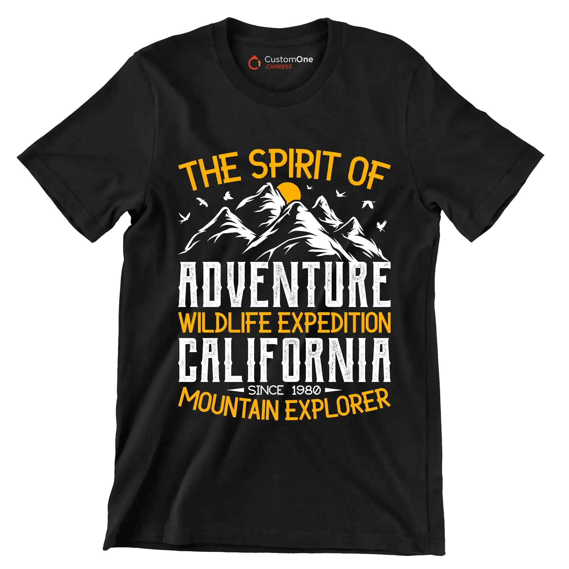 THE SPIRIT OF ADVENTURE WILDLIFE EXPEDITION CALIFORNIA SINCE 1980 MOUNTAIN EXPLORER - Hiking Themed T-Shirt-Black-S-Custom One Express