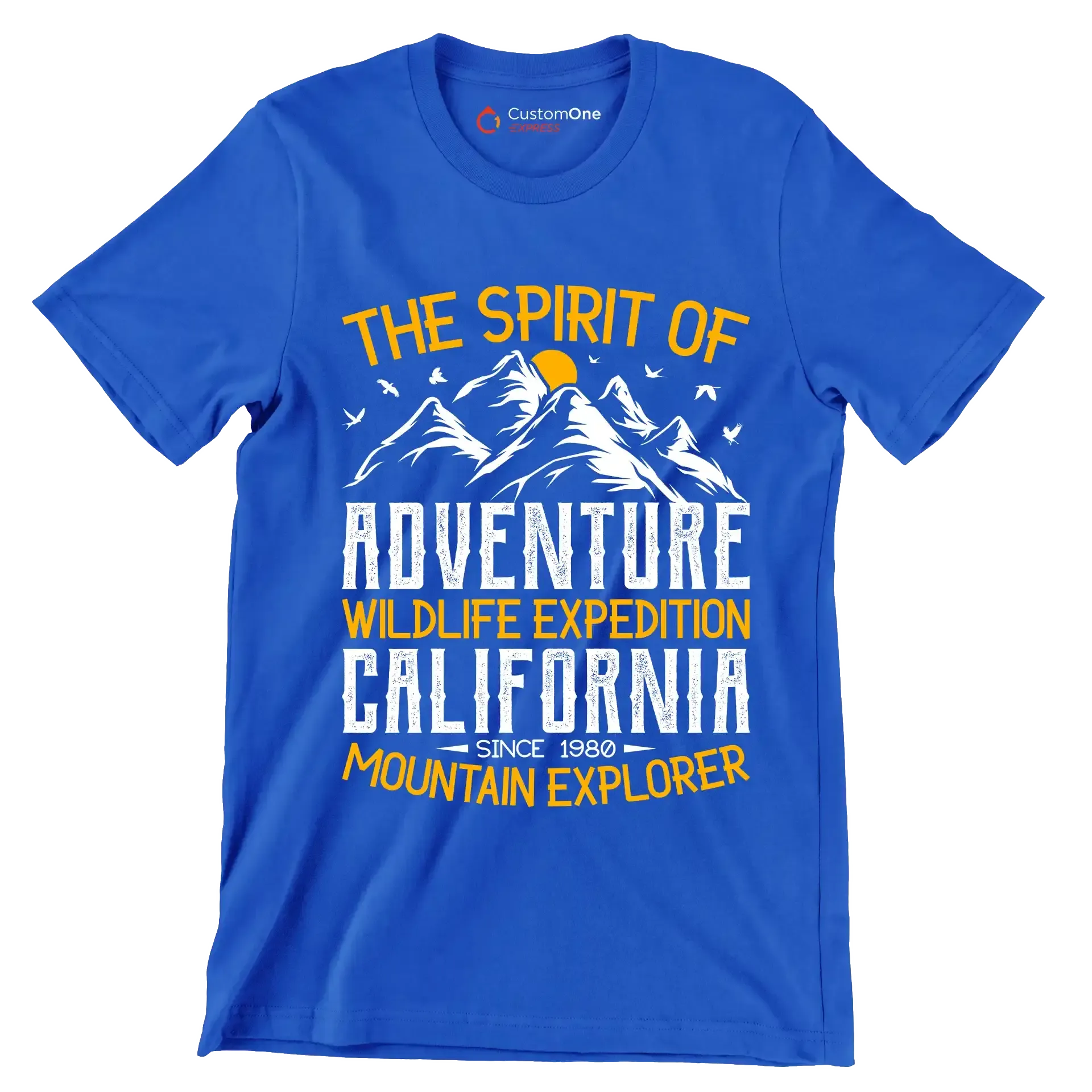 THE SPIRIT OF ADVENTURE WILDLIFE EXPEDITION CALIFORNIA SINCE 1980 MOUNTAIN EXPLORER - Hiking Themed T-Shirt-Blue-S-Custom One Express