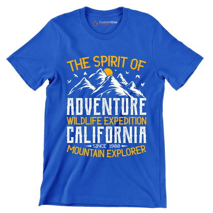 THE SPIRIT OF ADVENTURE WILDLIFE EXPEDITION CALIFORNIA SINCE 1980 MOUNTAIN EXPLORER - Hiking Themed T-Shirt-Blue-S-Custom One Express