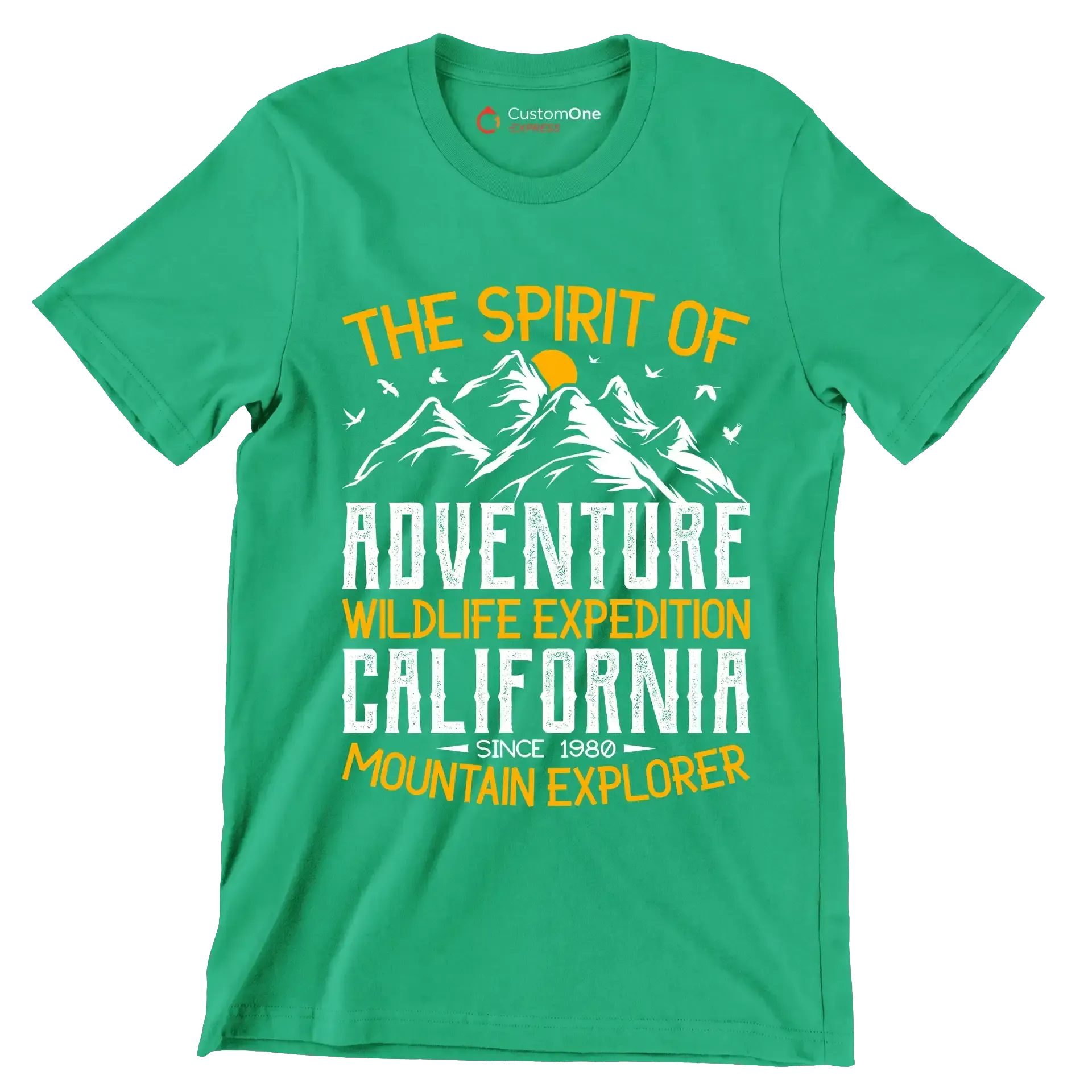 THE SPIRIT OF ADVENTURE WILDLIFE EXPEDITION CALIFORNIA SINCE 1980 MOUNTAIN EXPLORER - Hiking Themed T-Shirt-Green-S-Custom One Express