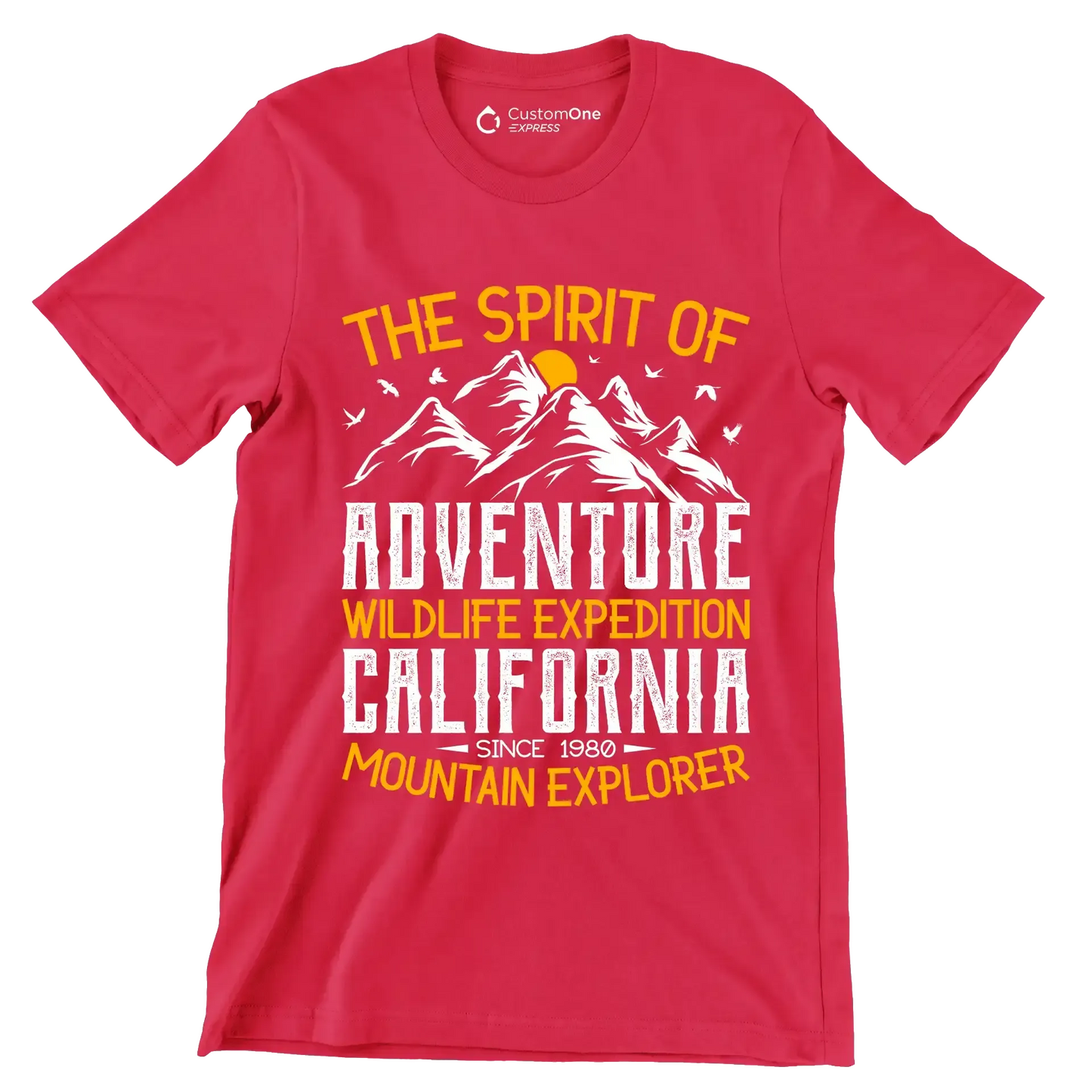 THE SPIRIT OF ADVENTURE WILDLIFE EXPEDITION CALIFORNIA SINCE 1980 MOUNTAIN EXPLORER - Hiking Themed T-Shirt-Red-S-Custom One Express