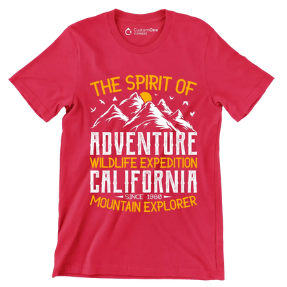 THE SPIRIT OF ADVENTURE WILDLIFE EXPEDITION CALIFORNIA SINCE 1980 MOUNTAIN EXPLORER - Hiking Themed T-Shirt-Red-S-Custom One Express