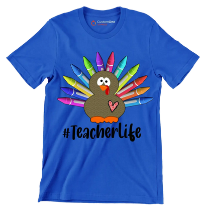 Teacherlife - Thanksgiving Themed T-Shirt-Blue-S-Custom One Express