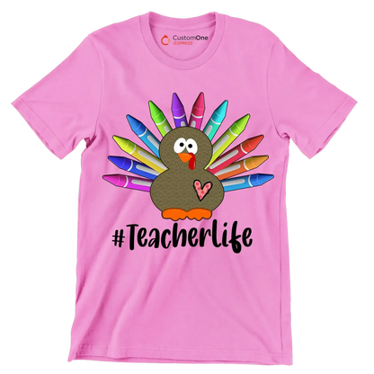 Teacherlife - Thanksgiving Themed T-Shirt-Pink-S-Custom One Express