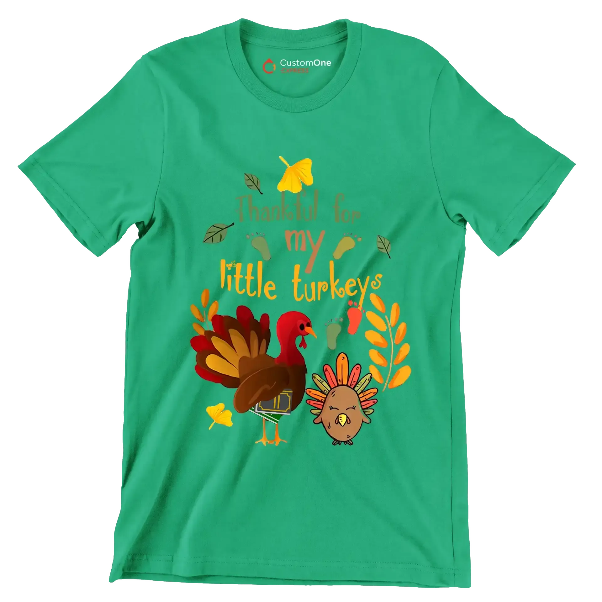 Thankful For My Little Turkeys - Thanksgiving Themed T-Shirt-Green-S-Custom One Express