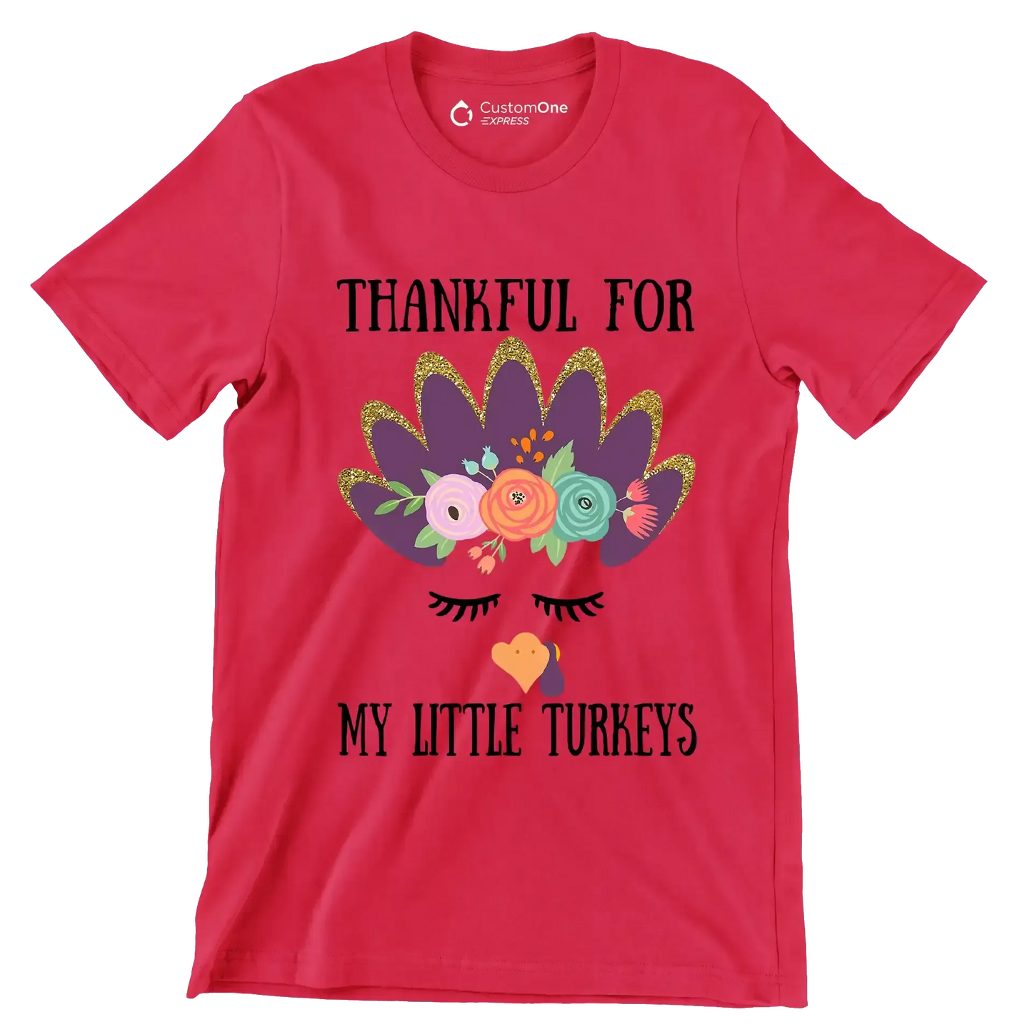 Thankful For My Little Turkeys - Thanksgiving Themed T-Shirt-Red-S-Custom One Express