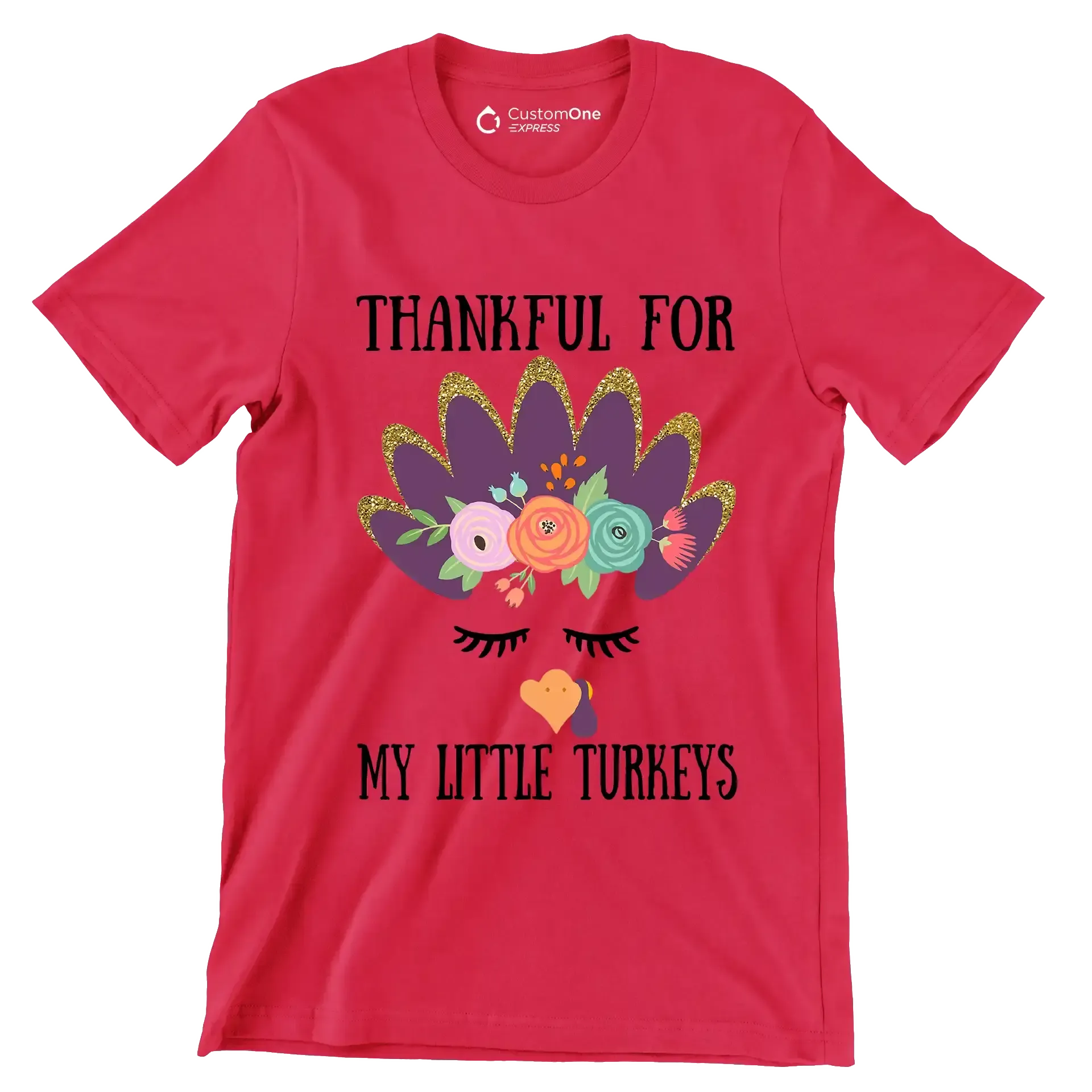 Thankful For My Little Turkeys - Thanksgiving Themed T-Shirt-Red-S-Custom One Express