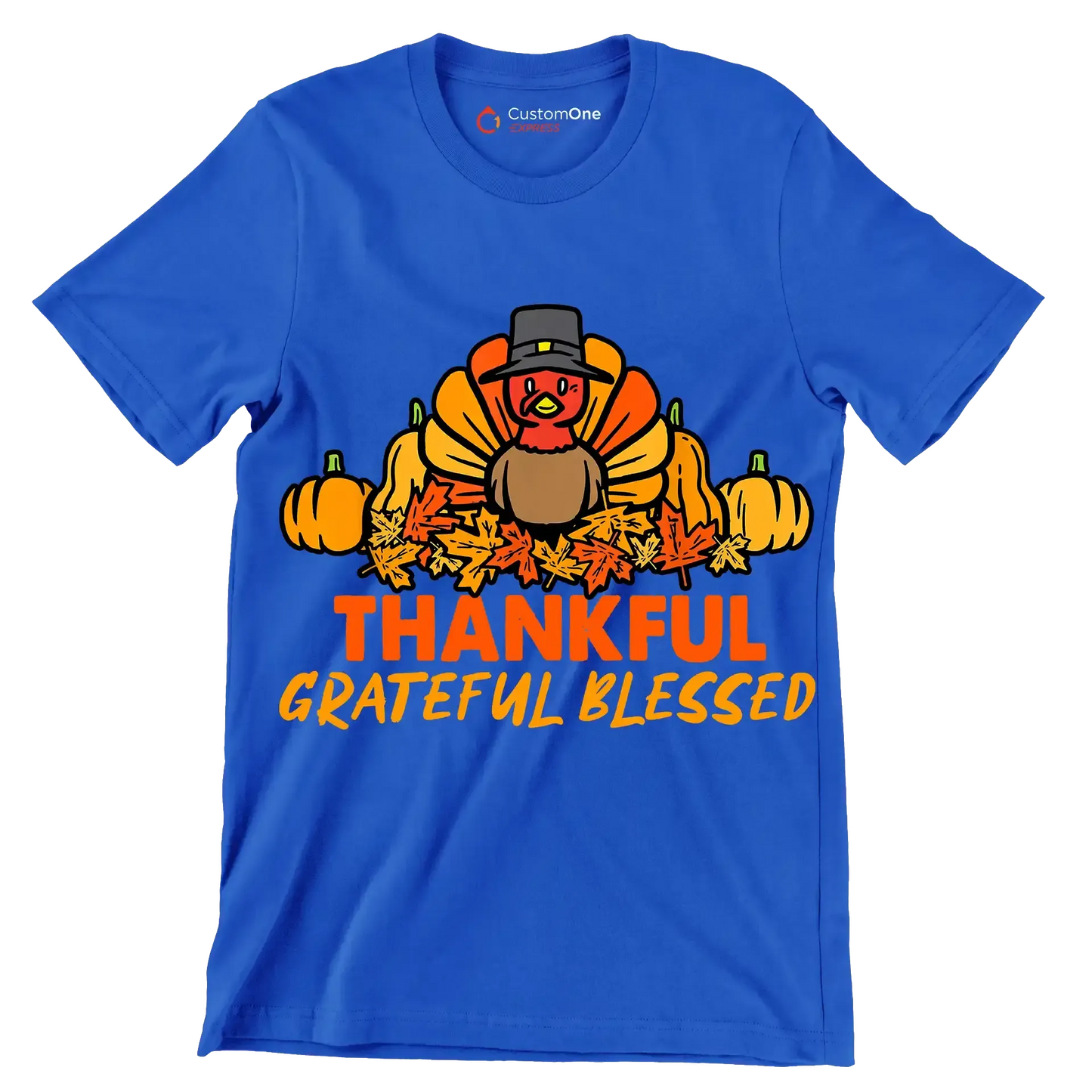 Thankful Grateful Blessed - Thanksgiving Themed T-Shirt-Blue-S-Custom One Express