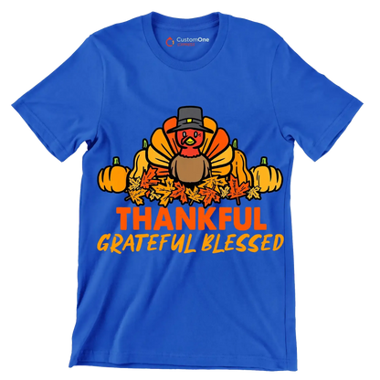 Thankful Grateful Blessed - Thanksgiving Themed T-Shirt-Blue-S-Custom One Express