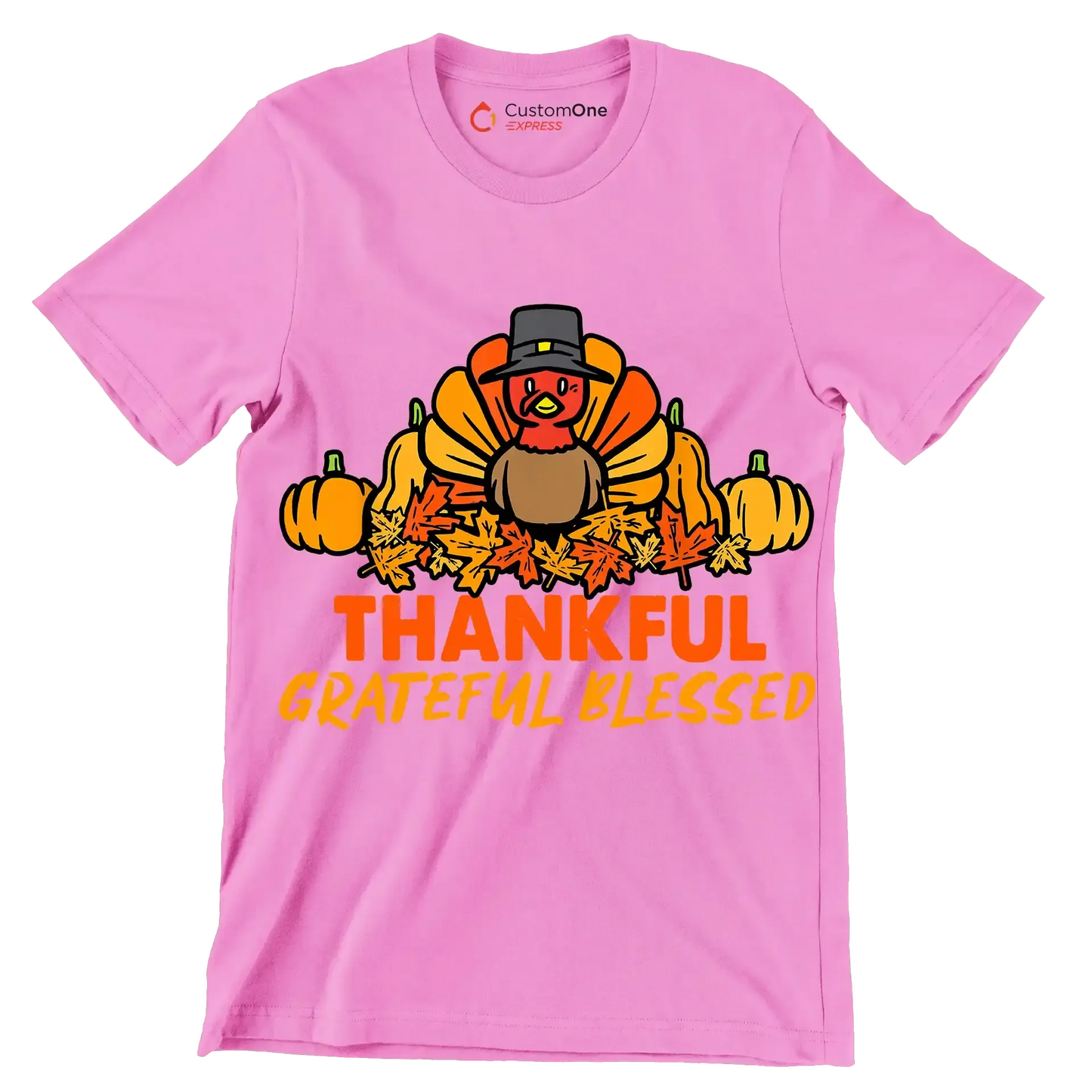 Thankful Grateful Blessed - Thanksgiving Themed T-Shirt-Pink-S-Custom One Express