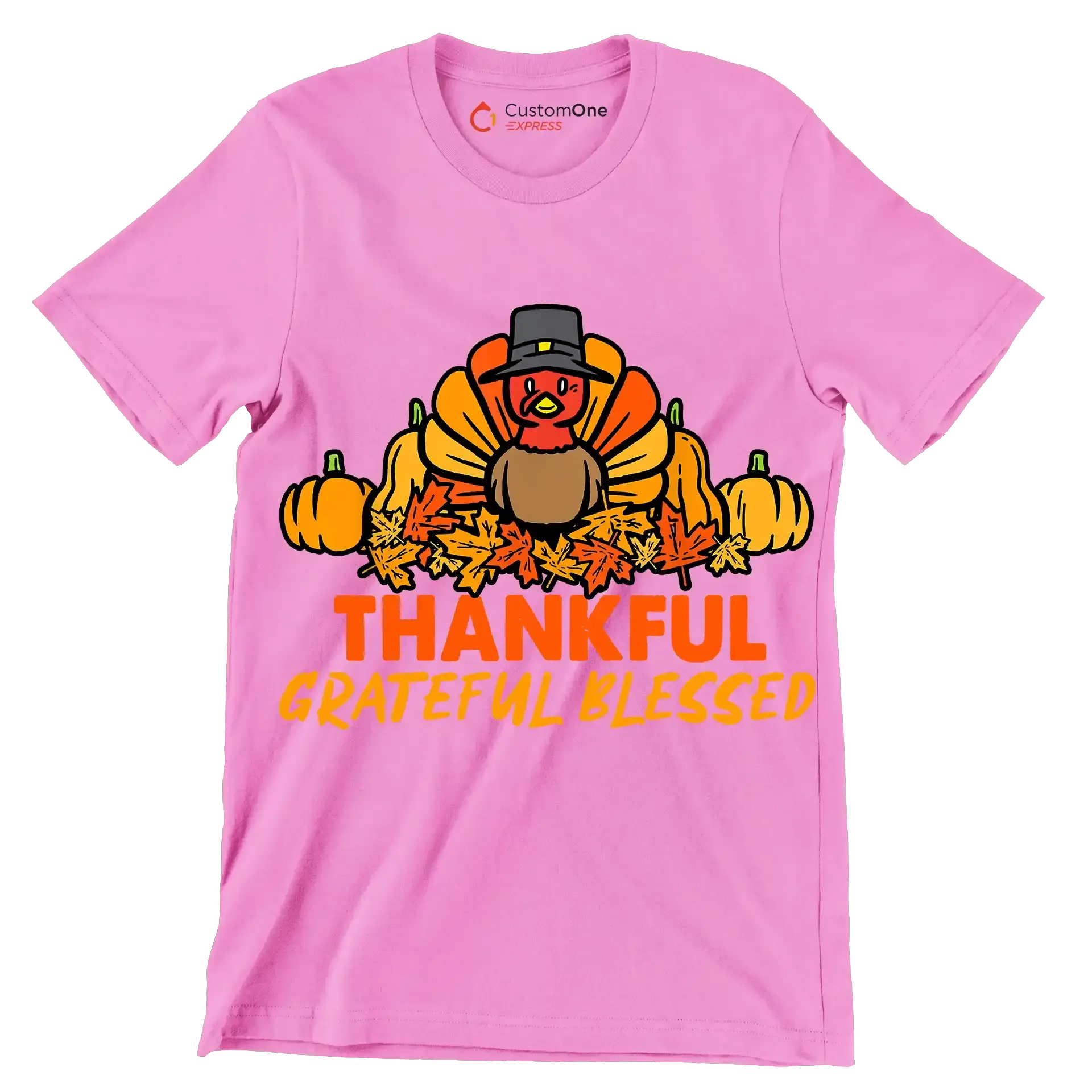 Thankful Grateful Blessed - Thanksgiving Themed T-Shirt-Pink-S-Custom One Express