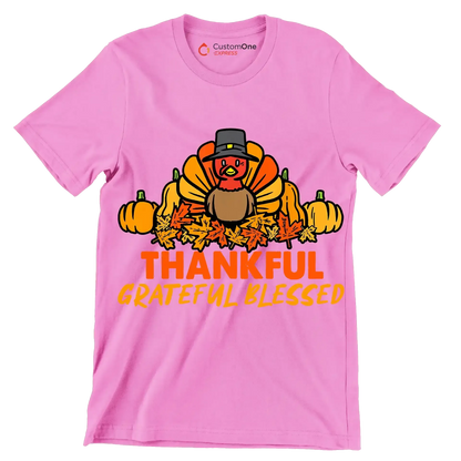 Thankful Grateful Blessed - Thanksgiving Themed T-Shirt-Pink-S-Custom One Express